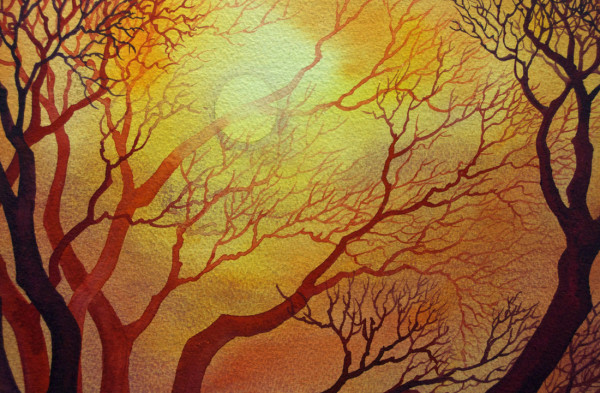 Sunset Red Lace Trees an original watercolor by Helen R Klebesadel