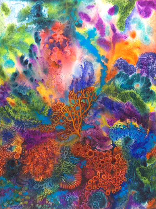 Screaming in Color: Coral in Crises Series is a collaborative original watercolor painted with Mary Kay Neumann by Helen R Klebesadel