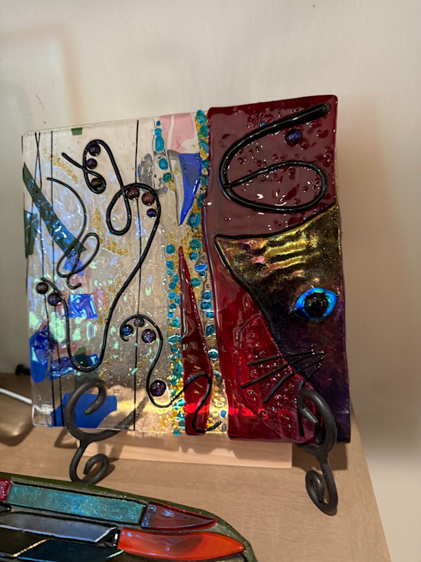 Burgundy & Blue Funky Cat Square by Candice Treat Murphy