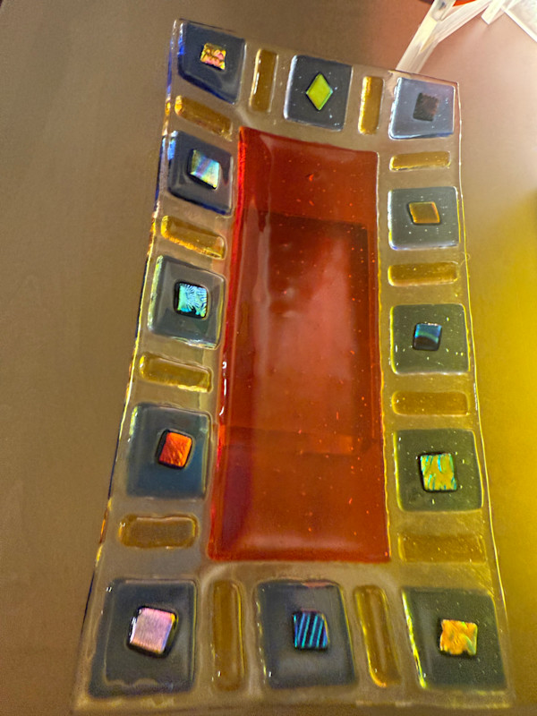 Modern Tray with Red Center and Blue and Yellow Squares by Candice Treat Murphy