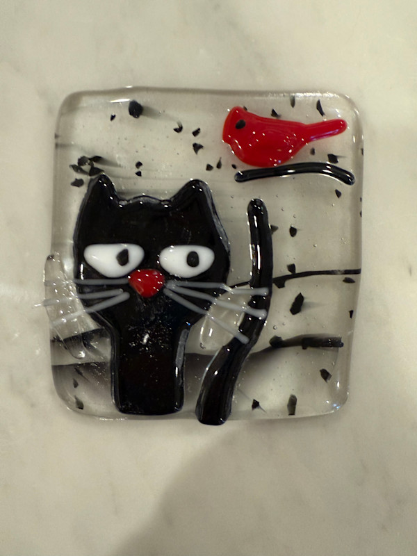 Peeky Black Cat 3” with Cardinal II by Candice Treat Murphy