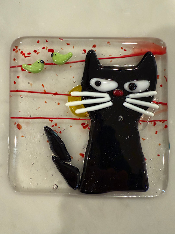 Peeky Black Cat 4” with 2 Green Birds by Candice Treat Murphy