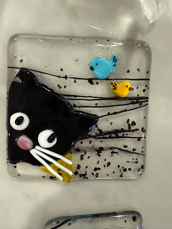 Peeky Black Cat 4” with Blue and Yellow Birds by Candice Treat Murphy