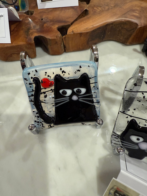 Peeky Black Cat 4” Dish with Red Bird II by Candice Treat Murphy, Image 2.