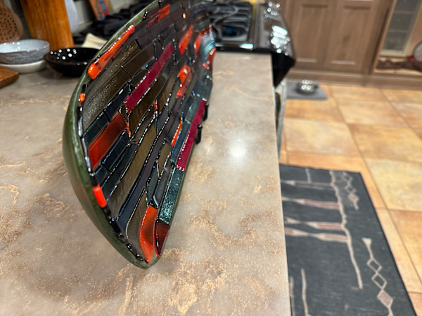 Olive, Red, and Dichroic Strips Large Tray by Candice Treat Murphy