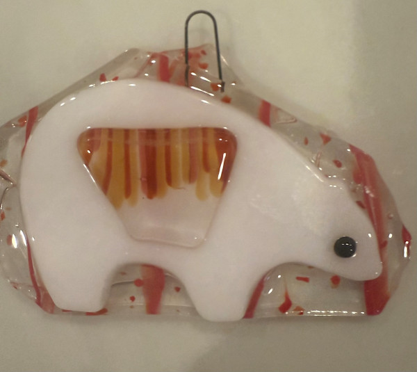 Polar Bear Ornament on Red Streaky  #1 by Candice Treat Murphy