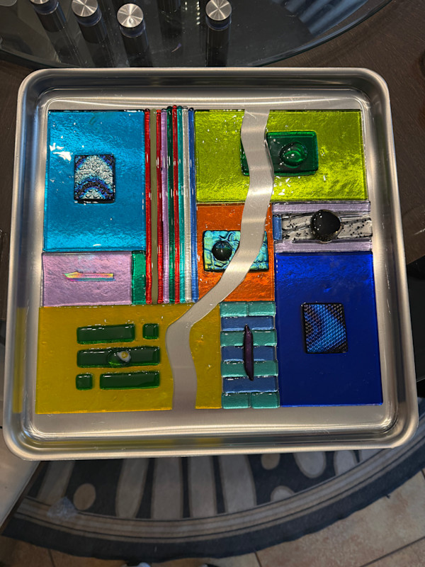 Iridescent and Transparent Color Blocks 12” Square Mounted on Stainless Steel by Candice Treat Murphy, Image 2.