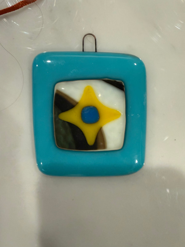 Turquoise Ornament with Marigold Star and Egyptian Blue Dot on Vanilla and Brown Streaky Square by Candice Treat Murphy