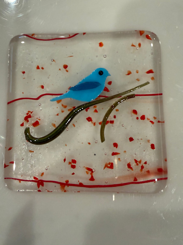 Blue Bird and Branch on Streaky Red Square by Candice Treat Murphy