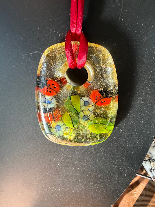 Rectangle Necklace Drop Ladybugs and Flowers #2 by Candice Treat Murphy
