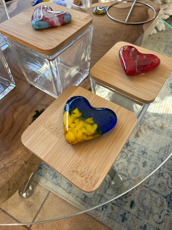3” Square Glass Box #1 with 2” Pocket Heart on Bamboo Lid (Ukraine Colors) by Candice Treat Murphy, Image 4.