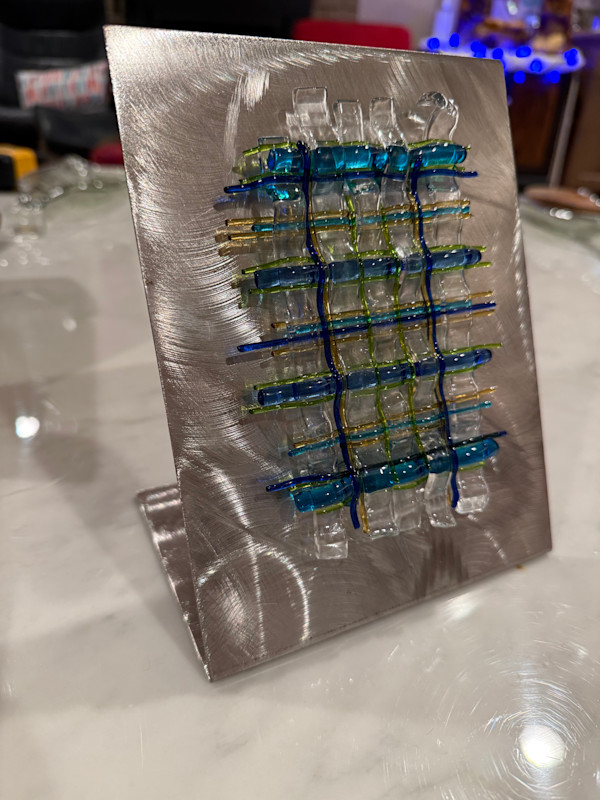 Woven Glass Blues, Greens, Clear, and Gold Sculpture on Brushed Steel Stand by Candice Treat Murphy, Image 7.