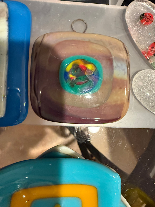 Streaky Brown Ornament with Turquoise and Multicolor Circle by Candice Treat Murphy