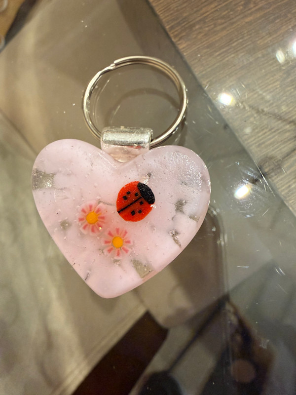 1.5" Tiny Heart Keychain Ladybug and Flowers in Pink Clouds by Candice Treat Murphy