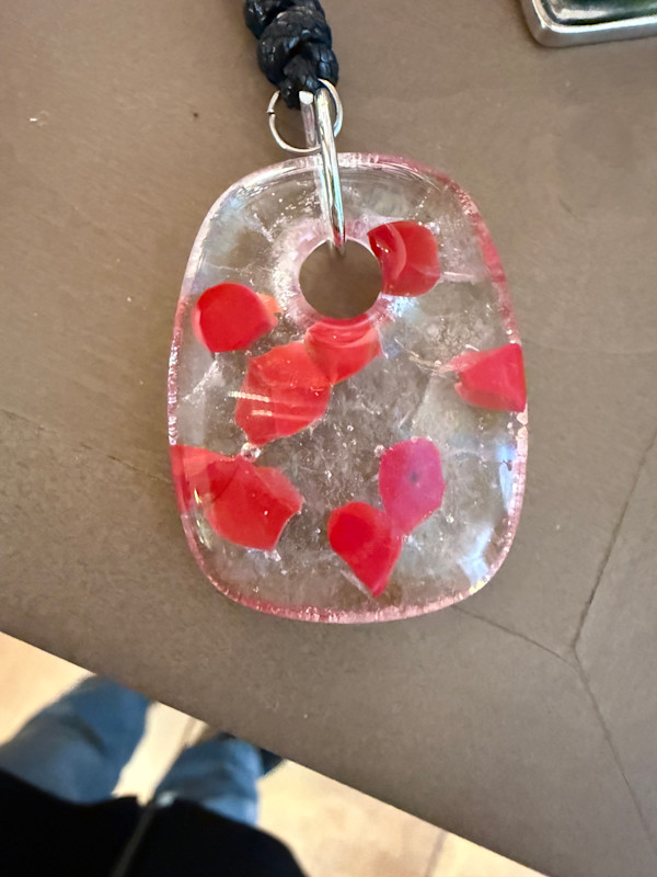 Iridescent Clear Rectangular Necklace Drop #4 with Red Dots by Candice Treat Murphy