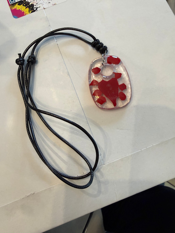 Rectangular Necklace with Red Heart and Dots by Candice Treat Murphy, Image 5.