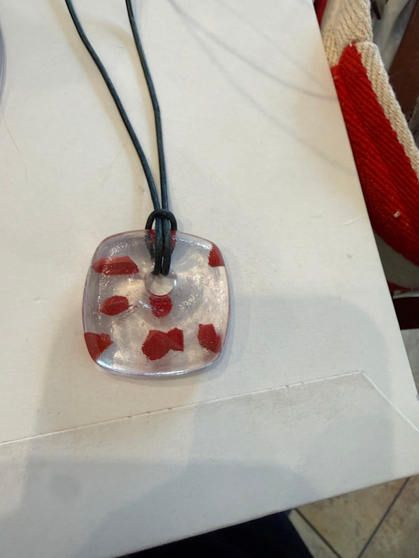 Iridescent Clear Square Necklace #1 with Red Dots by Candice Treat Murphy, Image 6.