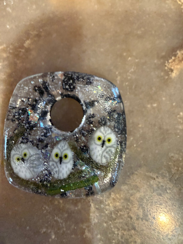 Iridescent 3 White Owls Necklace #1 by Candice Treat Murphy, Image 3.