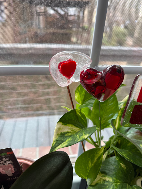 Clear Iridescent Bear with Chunky Red Heart Plant Stake by Candice Treat Murphy