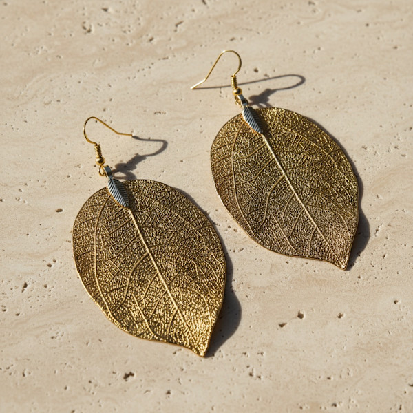 Large Gold Leaf Skeleton Dangles by Breanna Cole, Image 1.