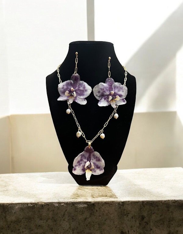 Spotted Phalaenopsis Orchid Necklace and Earring Set by Breanna Cole, Image 1.