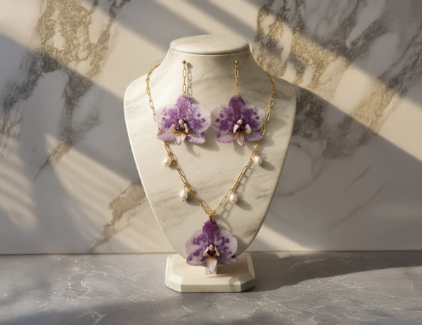 Spotted Phalaenopsis Orchid Necklace and Earring Set by Breanna Cole, Image 2.