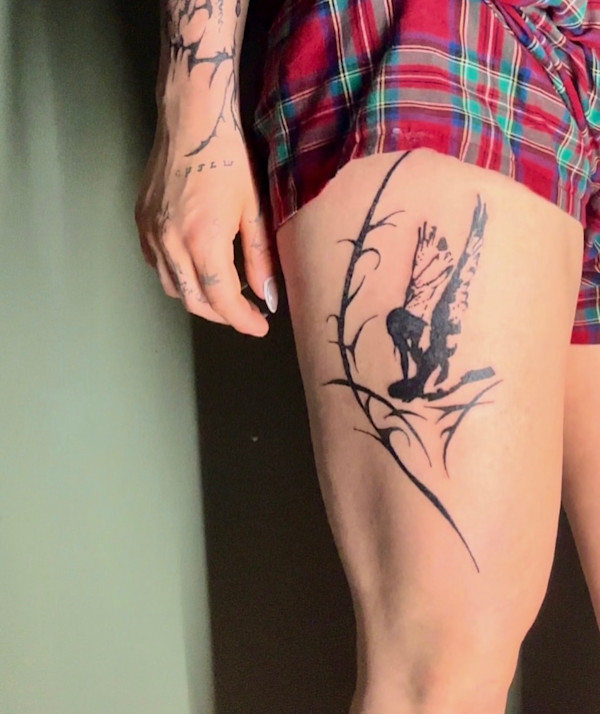 Fallen Angel Blackwork Tattoo by Cameryn Popiel