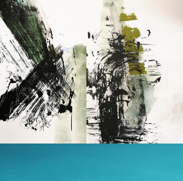 Composition #2 Triptych with Turquoise Stripe by shih yun yeo