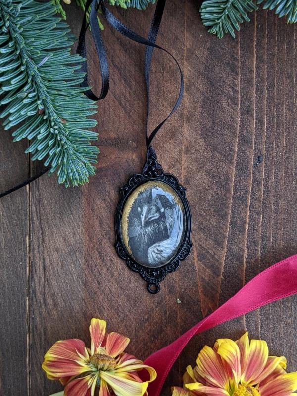 American Crow Portrait - Gold Leaf, Black Metal & Glass Original Art Ornament