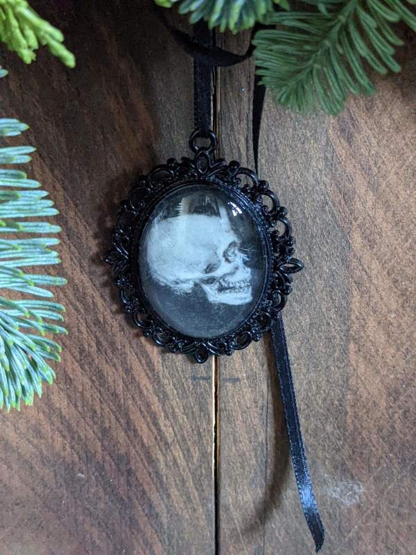 Human Skull Profile - Black Metal & Glass Original Art Ornament by Layil Umbralux