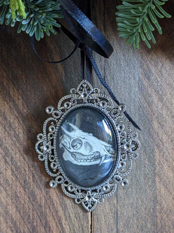 Tufted Deer Skull - Silver Metal & Glass Original Art Ornament