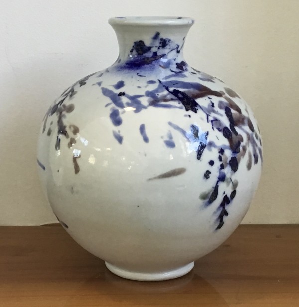 Porcelain -  medium round vessel with blue leaves