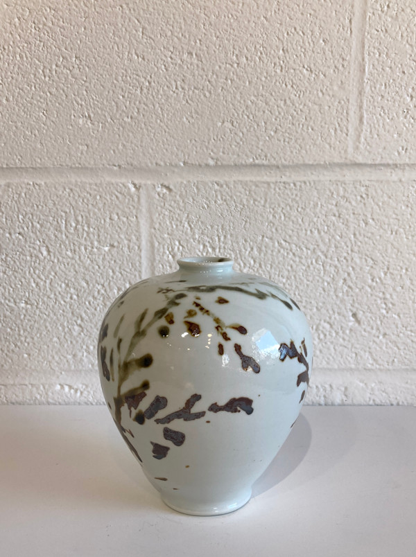 Porcelain -  medium vessel with sepia leaves