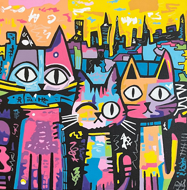 Three Cats and One Unhappy Fish by Ron Hall, Image 1.
