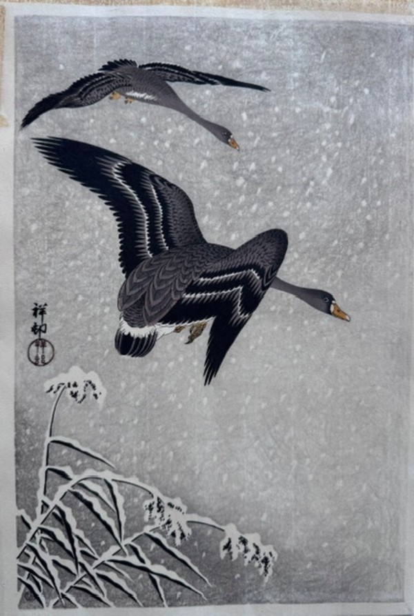 Two White Fronted Geese in Snow by Ohara Koson, Image 1.