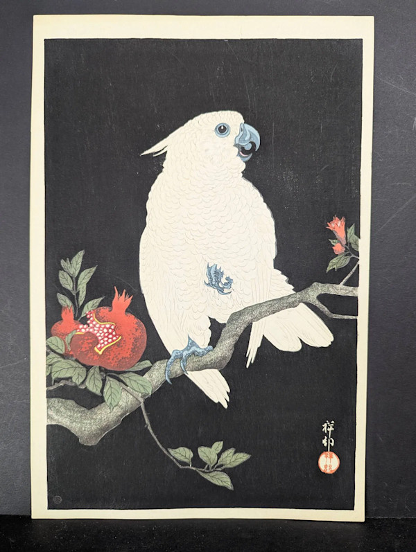 Japanese: Ōmushiro-inko to Zakuro, Cockatoo and Pomegranate by Ohara Koson, Image 1.