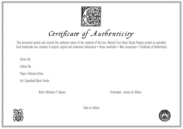 Hsien Prayer Print Portfolio Certificate of Authenticity by James de Villiers