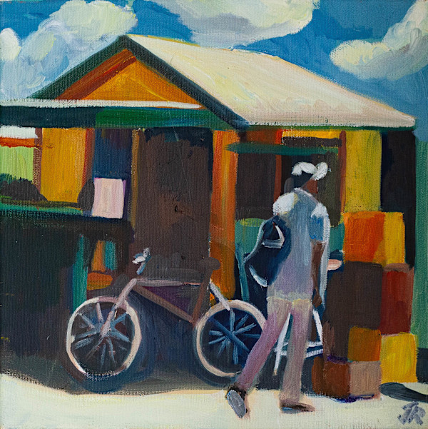 Man & Bicycle Bridgetown by Jo Reed, Image 1.