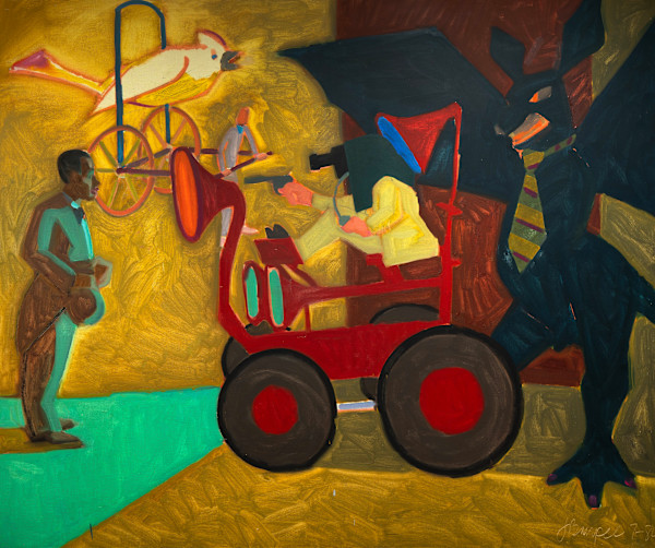 Red Car with Lamp and White Bird by James Burpee
