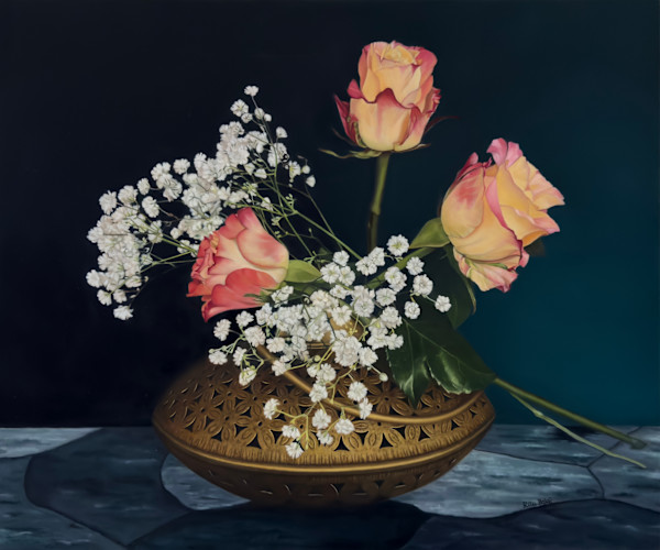 Elegance encased- Roses in Bronze vessel by Ritu Bajaj
