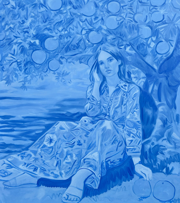 Offering Oranges (In blue, woman under orange tree) by Ariel Davis, Image 1.