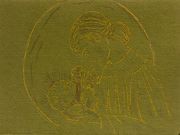 Untitled (Madonna and Child--Gold and Brown Ink on Olive Green Paper) by Maria Immaculata Tricholo also known as  Sister Mary Gemma of Jesus Crucified, O.P.