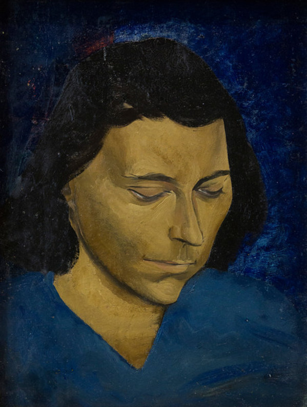 Untitled (Portrait of Dark-Haired Person in Blue with Blue Background) by Constance Mary Rowe also known as Sister Mary of the  Compassion, O.P.
