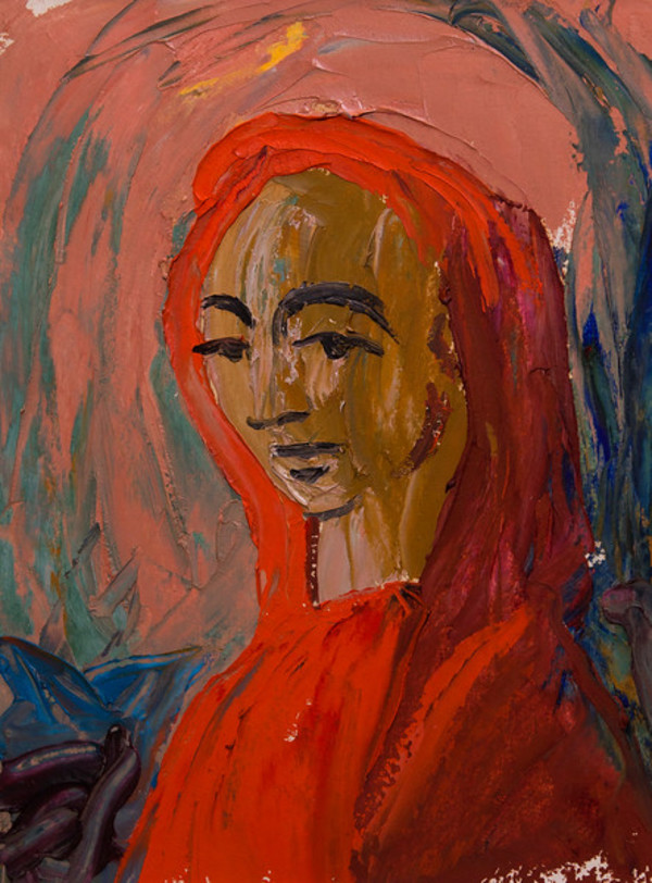 Untitled (Painted Figure Facing Left--in Red with Red Headdress against a Pink and Blue Background) by Constance Mary Rowe also known as Sister Mary of the  Compassion, O.P.
