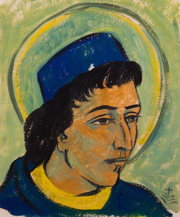 Untitled (Saint with Blue Cap, Blue Shirt and Yellow Collar) by Constance Mary Rowe also known as Sister Mary of the  Compassion, O.P.