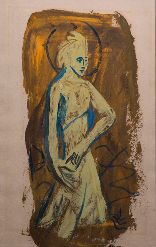 Untitled (Yellow Painted Figure with Blue Lines on Yellow-Brown Background) by Constance Mary Rowe also known as Sister Mary of the  Compassion, O.P.
