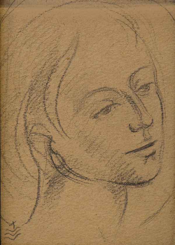Untitled (Drawing of Head of Young Person with Halo, Looking Right--Artist's Mark Lower Left) by Constance Mary Rowe also known as Sister Mary of the  Compassion, O.P.