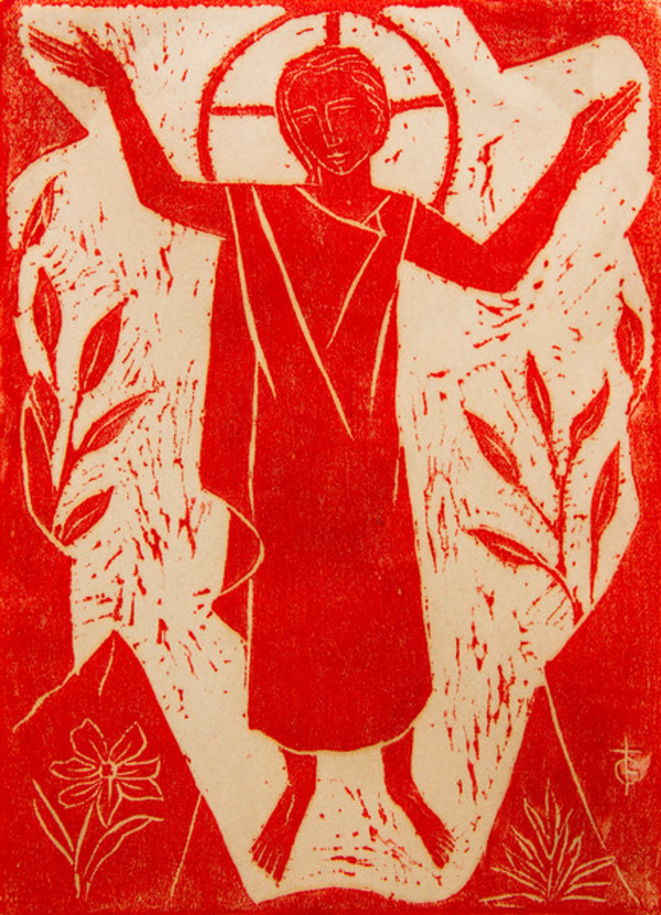 Untitled (Saint with Both Arms Raised--Red Ink on White Paper) by Maria Immaculata Tricholo also known as  Sister Mary Gemma of Jesus Crucified, O.P.