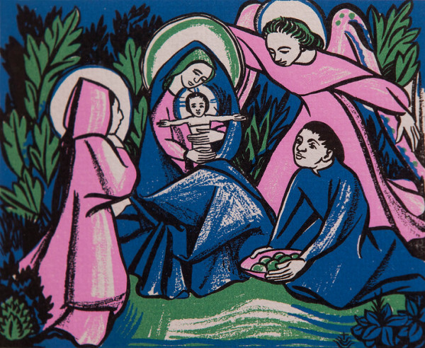 Untitled (Holy Cards--Pink and Blue Madonna with Jesus, Two Pink Angels and Kneeling Blue Figure, Green Background) by Constance Mary Rowe also known as Sister Mary of the  Compassion, O.P.