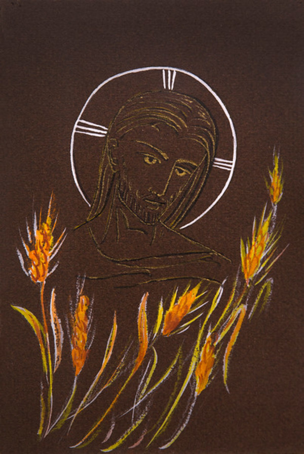 Untitled (Head of Jesus with Wheat Below on Brown Paper) by Maria Immaculata Tricholo also known as  Sister Mary Gemma of Jesus Crucified, O.P.